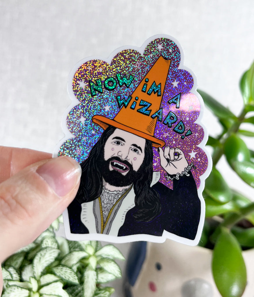 NOW I'M A WIZARD GLITTERY VINYL STICKER