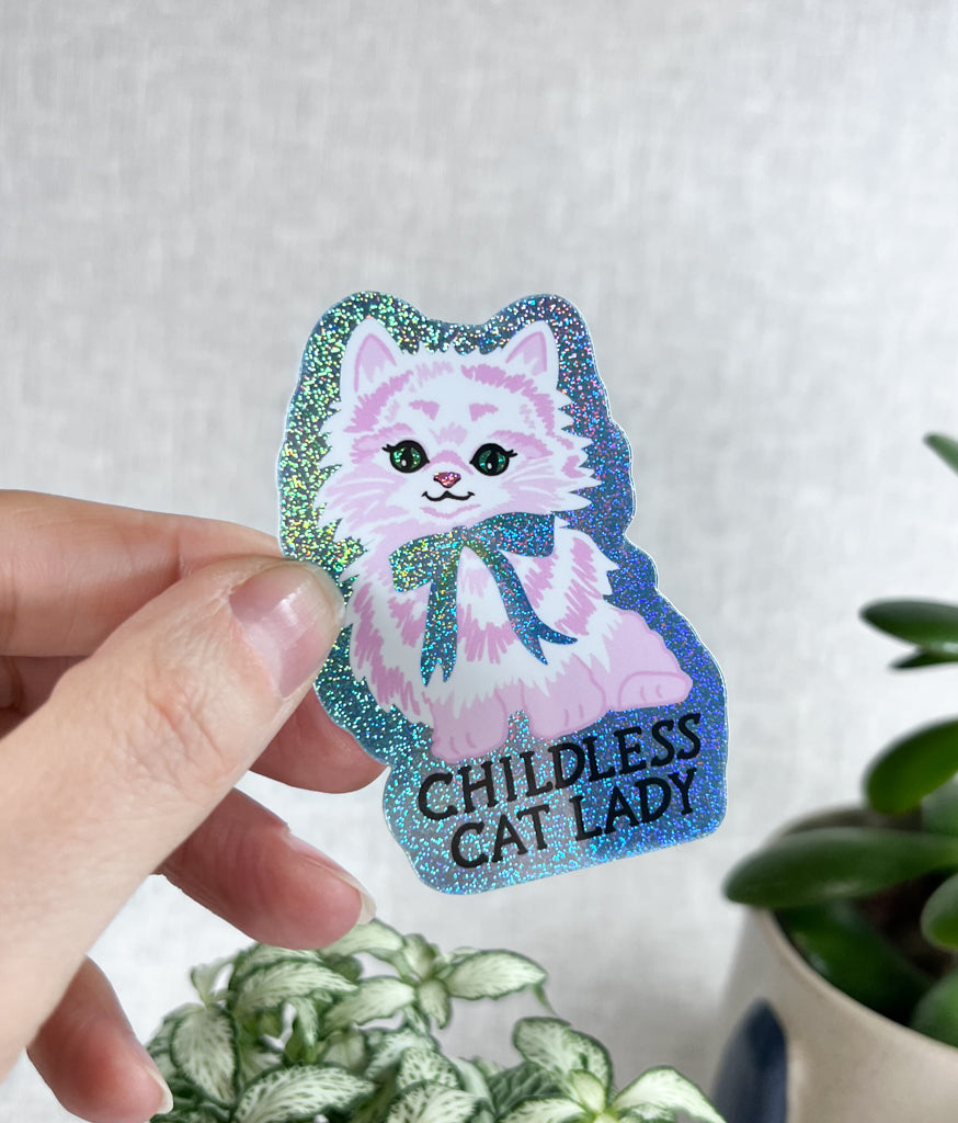 CHILDLESS CAT LADY GLITTERY VINYL STICKER