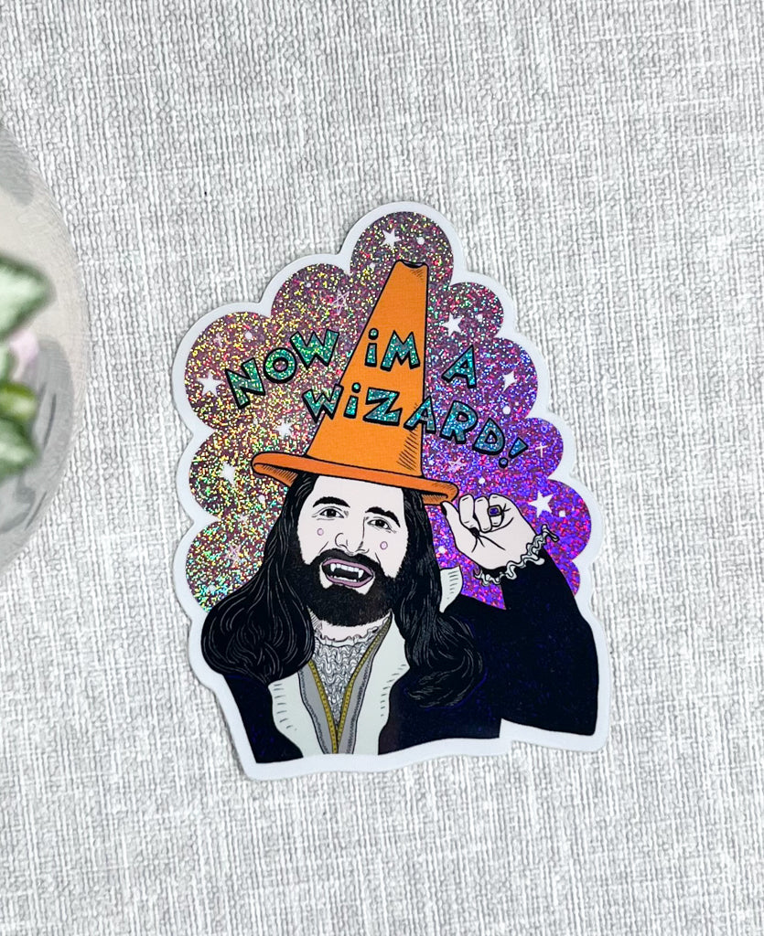 NOW I'M A WIZARD GLITTERY VINYL STICKER