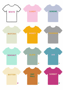 t-shirt colour: white, candy, serene, matcha, honey, thunder, sea salt, slate, air, butter, day fall and sorbet. vegan and eco friendly pop culture t-shirts. shop cor blimey.